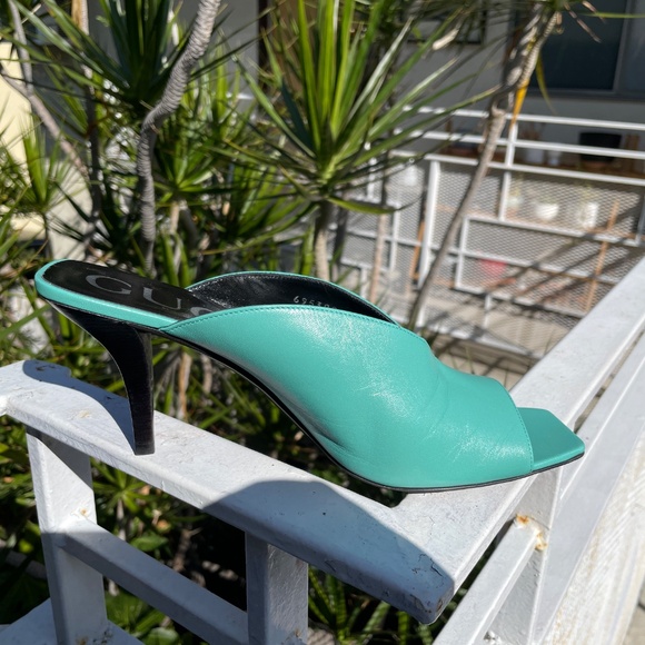 Gucci Women's Turquoise Mid Heel Open Toe Mules Sz 39.5 - Picture 7 of 11